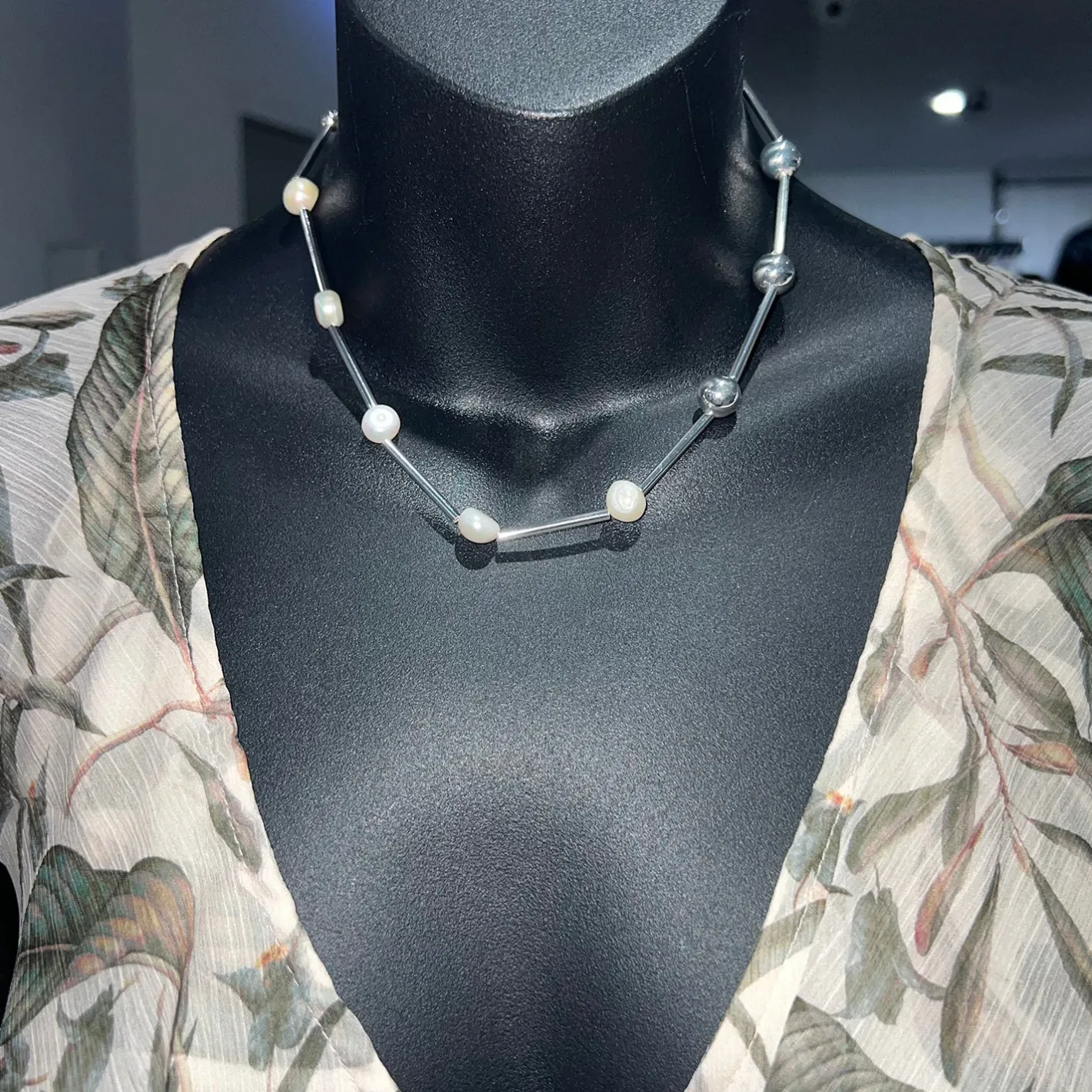 Adorne Ball Pearl Half/Half Short Necklace - Cream/Silver - AD10 Best