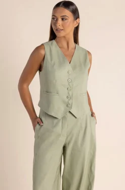 Two-T's Carol Linen Mix Vest - Avocado - TT46 Best