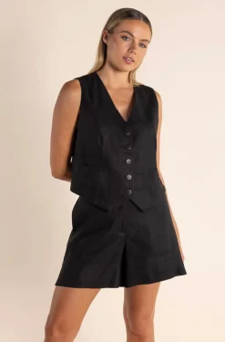 Two-T's Carol Linen Mix Vest - Black - TT46