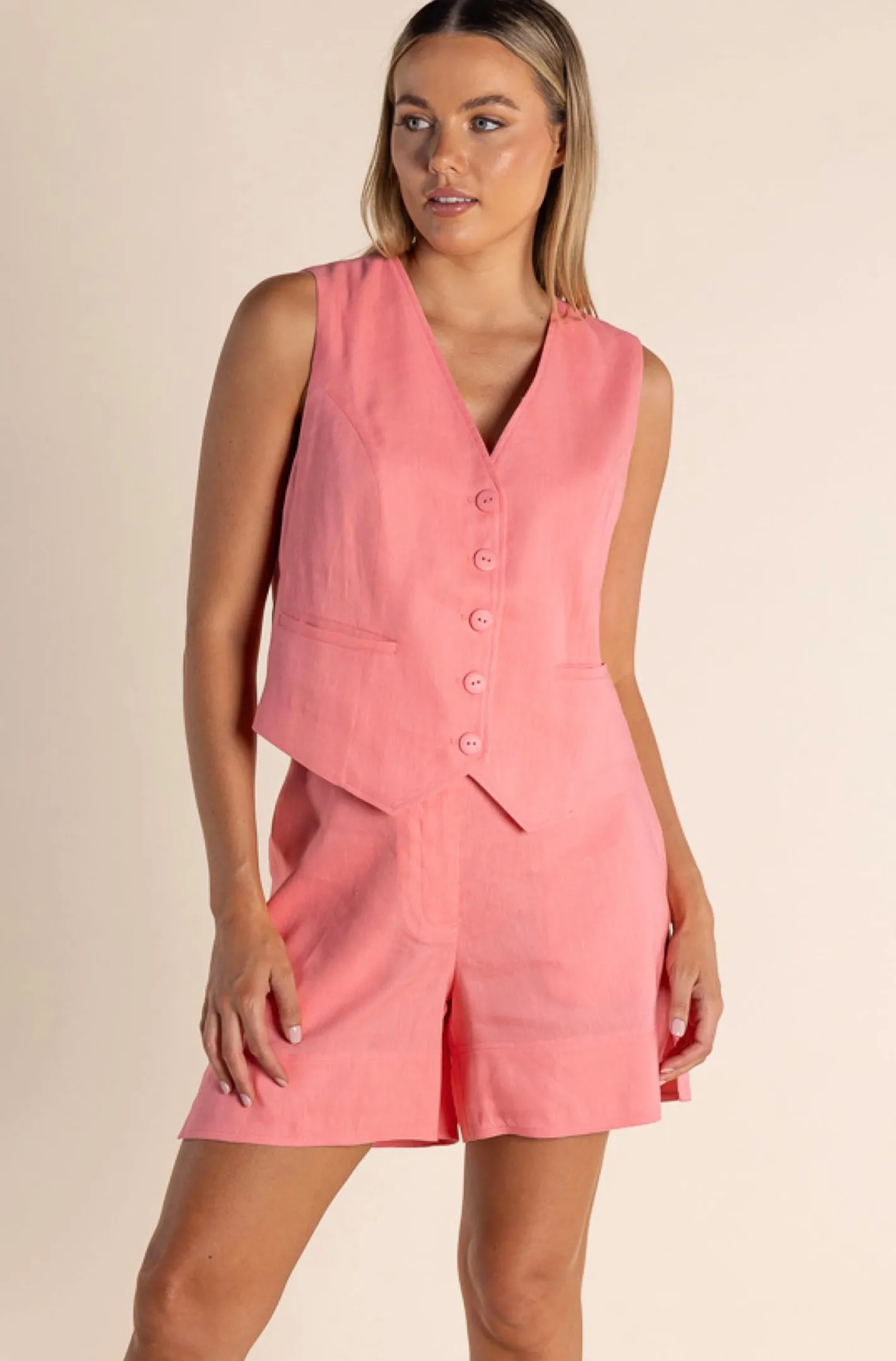 Two-T's Carol Linen Mix Vest - Coral - TT46 Hot