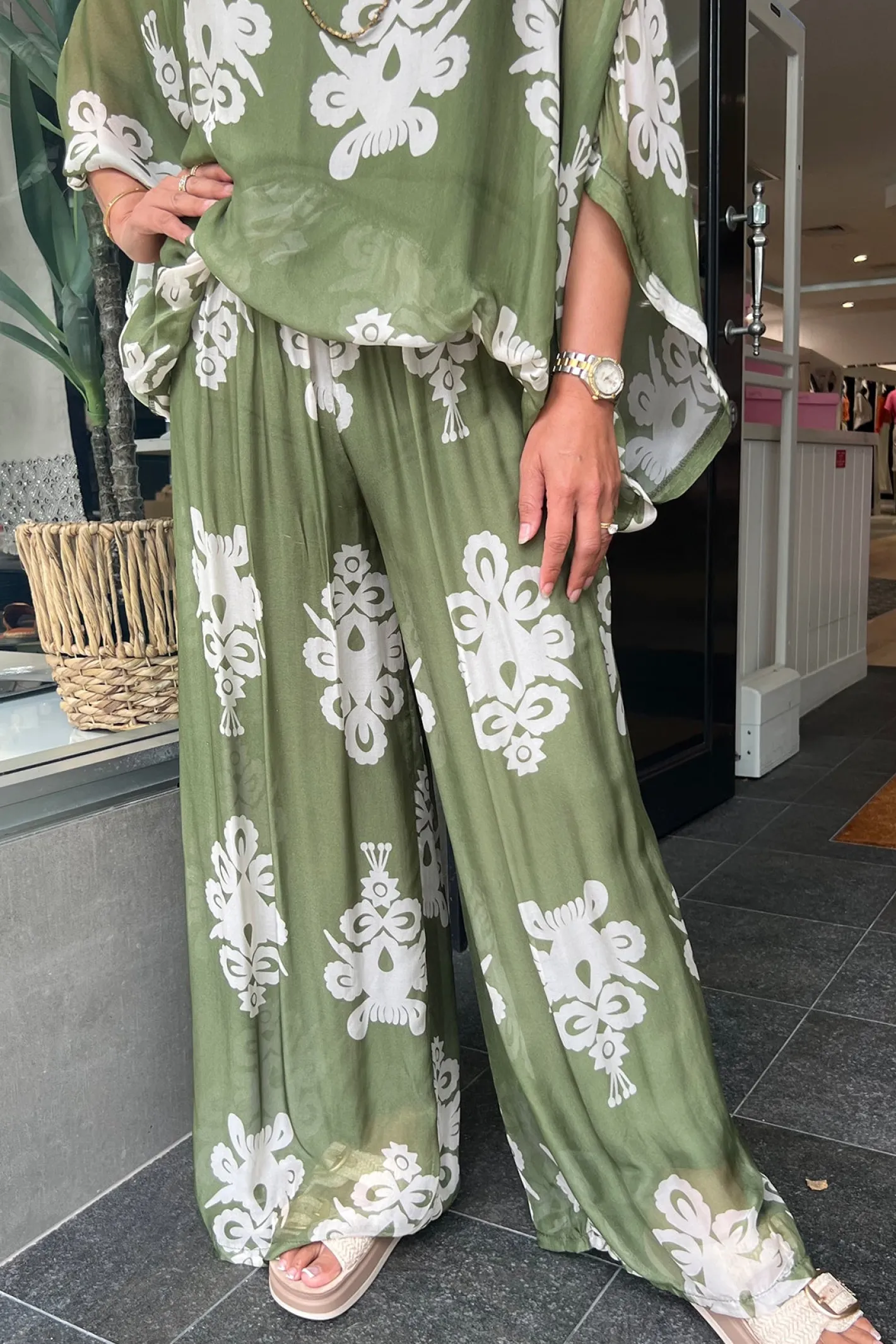 Cindy G Clover Print Pants - Khaki/Cream - CG38 Outlet