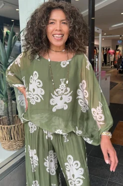 Cindy G Clover Print Top - Khaki/Cream - CG36