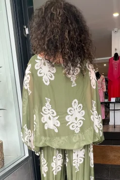 Cindy G Clover Print Top - Khaki/Cream - CG36