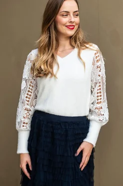 Pizazz Boutique Crochet Sleeve Knit - White - SO10 Online