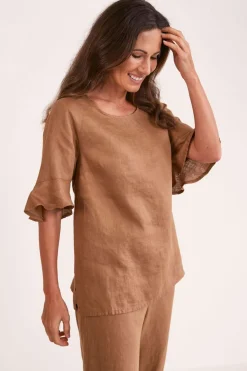 See Saw Flutter Sleeve Linen Top - Toffee - SS11 Clearance