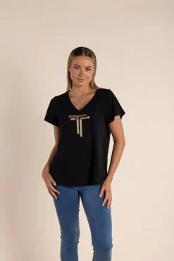 Two-T's Gold Logo Sequin V-Neck Tee - Black - TT52 Discount