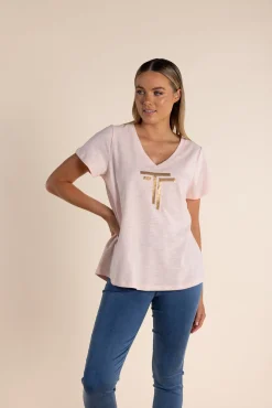 Two-T's Gold Logo Sequin V-Neck Tee - Soft Pink - TT52