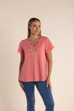 Two-T's Gold Logo Sequin V-Neck Tee - Coral - TT52 Sale