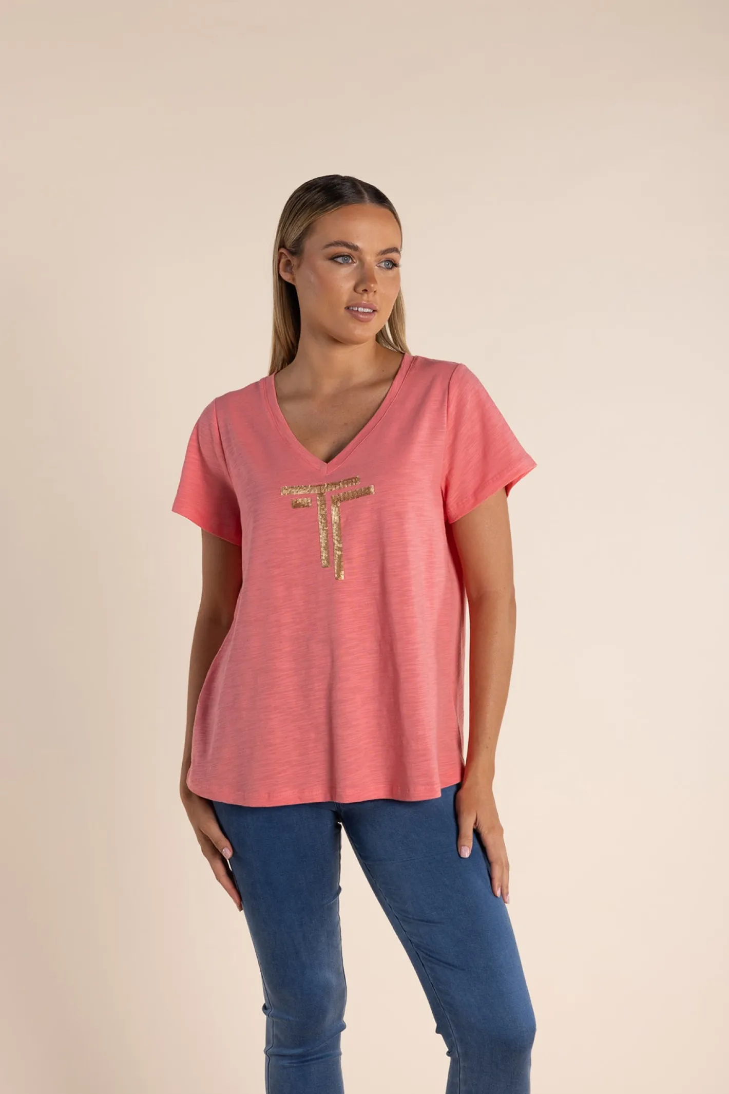 Two-T's Gold Logo Sequin V-Neck Tee - Coral - TT52 Sale
