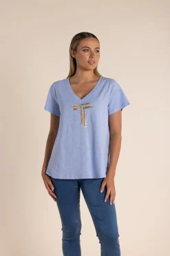 Two-T's Gold Logo Sequin V-Neck Tee - Sky - TT52 Online