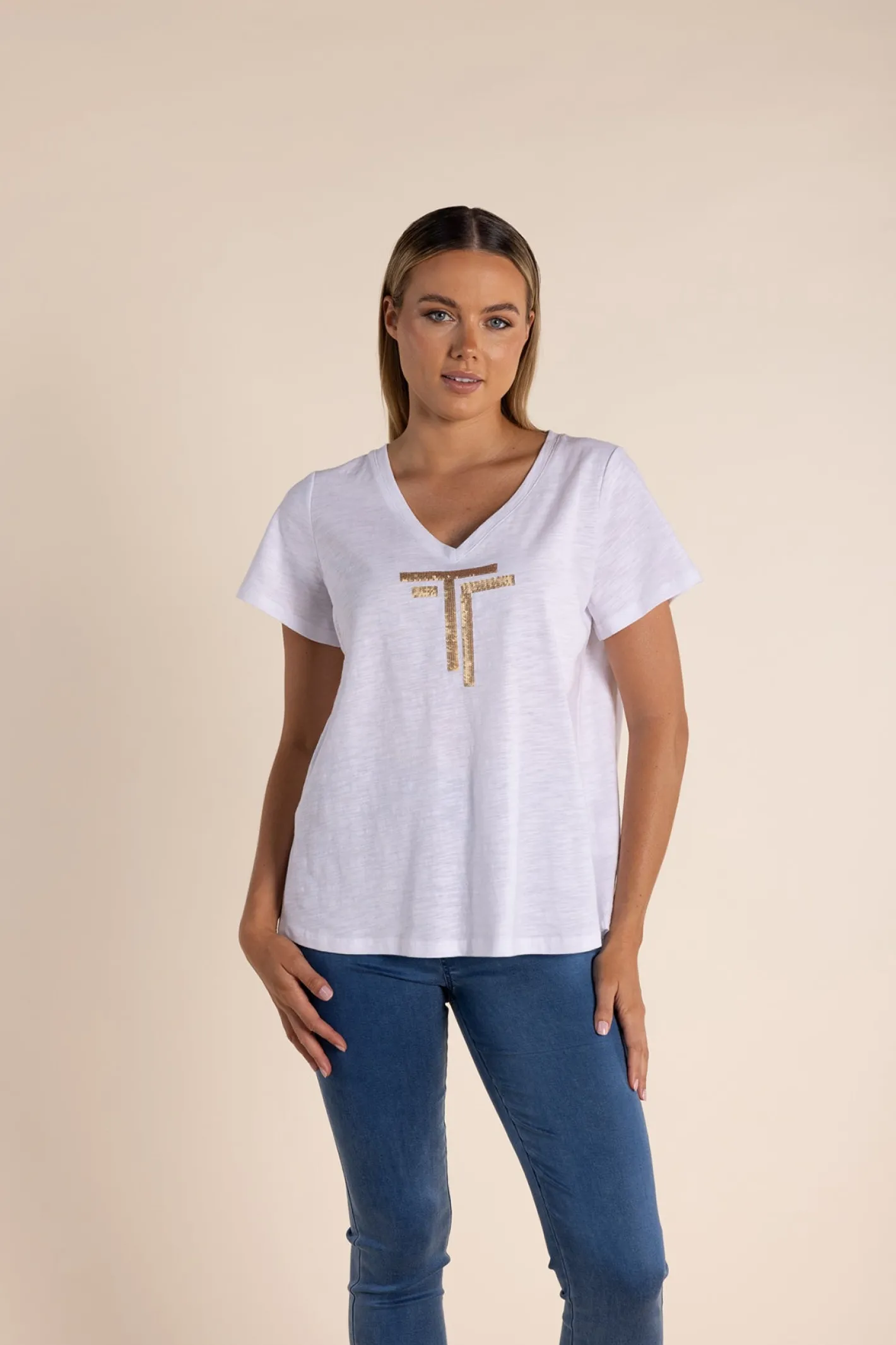 Two-T's Gold Logo Sequin V-Neck Tee - White - TT52 Online