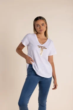 Two-T's Gold Logo Sequin V-Neck Tee - White - TT52 Online