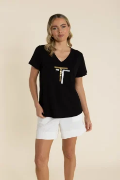 Two-T's Gold/Silver Logo Sequin V-Neck Tee - Black - TT60 Discount