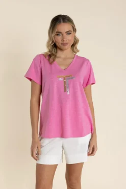 Two-T's Gold/Silver Logo Sequin V-Neck Tee - French Pink - TT60
