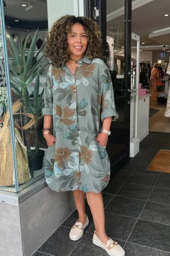 Cindy G Lily Leaf Print Shirt Dress - Khaki - CG39 Clearance