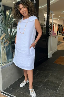 See Saw Linen Cowl Neck Dress - White - SS31 Sale