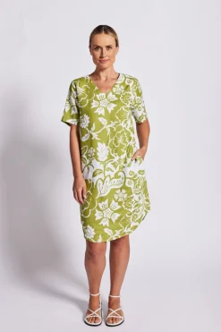 See Saw Linen Soft V Neck Dress - Vine - SS25 Hot