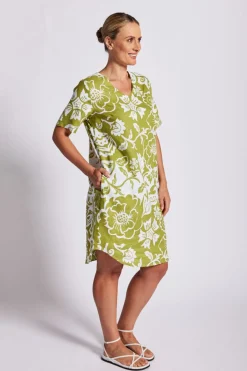 See Saw Linen Soft V Neck Dress - Vine - SS25 Hot