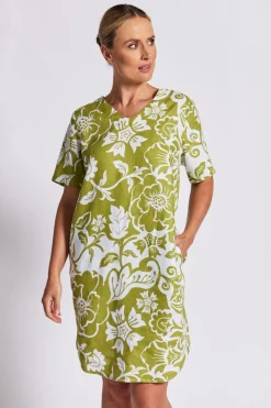 See Saw Linen Soft V Neck Dress - Vine - SS25 Hot