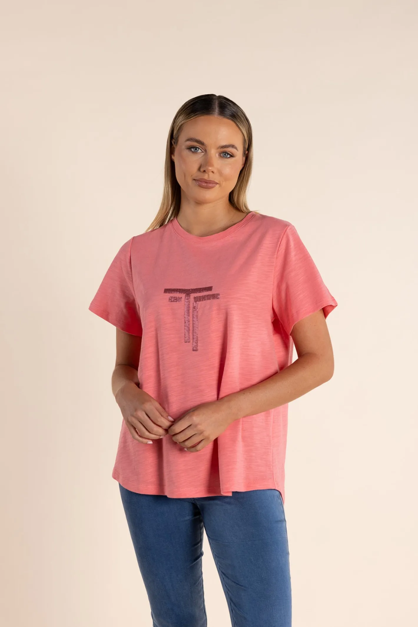 Two-T's Logo Sequin Crew Tee - Coral - TT53 Best