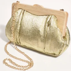 Adorne Mira Metallic Pleated Timber Frame Clutch - Gold - AD15 New