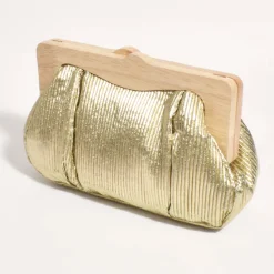 Adorne Mira Metallic Pleated Timber Frame Clutch - Gold - AD15 New