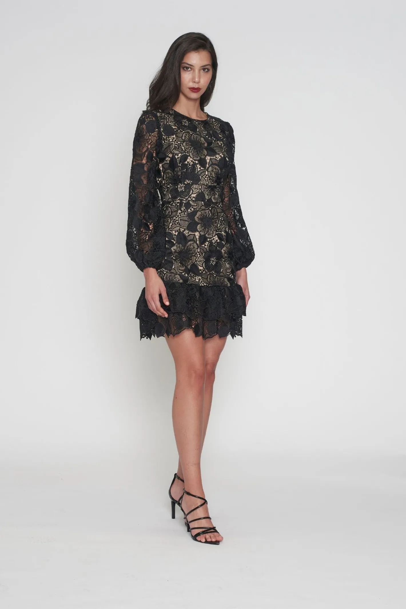 Romance Paris Puff Sleeve Dress - Black/Nude - ROM43 Hot