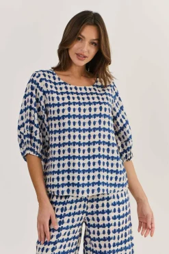 Naturals By O & J Round Neck Linen Top - Delta Blot - OJ28 Best