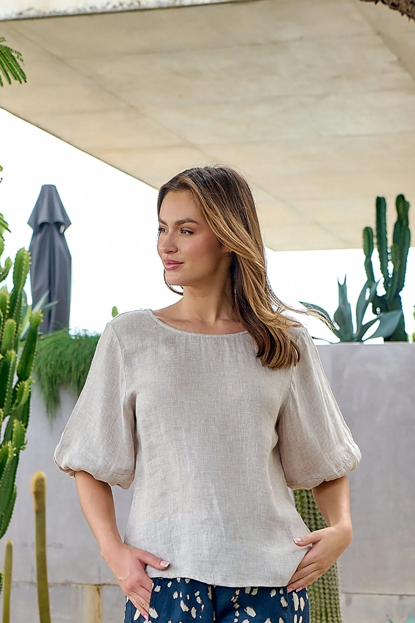 Naturals By O & J Round Neck Linen Top - Dune - OJ28 Discount