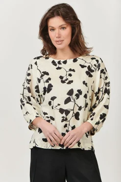 Naturals By O & J Round Neck Linen Top - Gingko Print - OJ13
