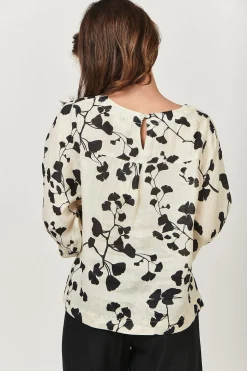 Naturals By O & J Round Neck Linen Top - Gingko Print - OJ13