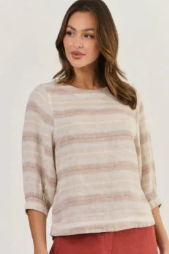 Naturals By O & J Round Neck Linen Top - Travertime - OJ13 Outlet