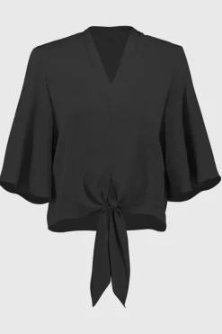 Joseph Ribkoff Satin V-Neck Top with Front Tie - Black - JR4 Outlet
