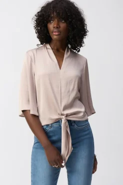 Joseph Ribkoff Satin V-Neck Top with Front Tie - Parchment - JR4 Hot
