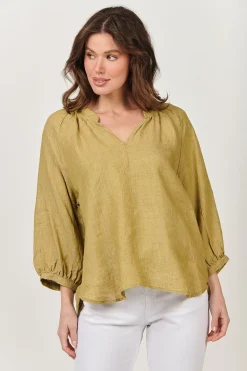 Naturals By O & J Trudy V-Neck Linen Top - Peridot - OJ24 Clearance