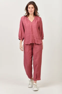 Naturals By O & J Trudy V-Neck Linen Top - Rhubarb - OJ24 Discount