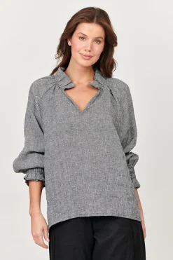 Naturals By O & J Tulip V-Neck Linen Top - Pepper - OJ27 Best