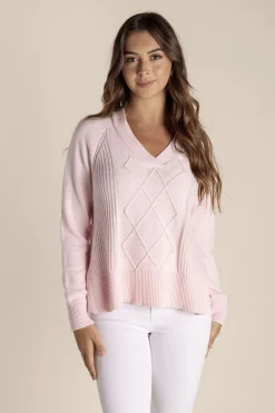 Two-T's Tyra V Neck Cable Sweater - Pale Pink - TT25 Discount