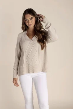 Two-T's Tyra V Neck Cable Sweater - Stone - TT25 Clearance
