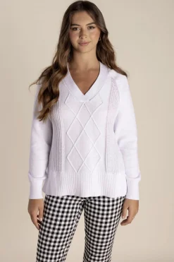 Two-T's Tyra V Neck Cable Sweater - White - TT25 Sale