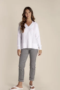 Two-T's Tyra V Neck Cable Sweater - White - TT25 Sale