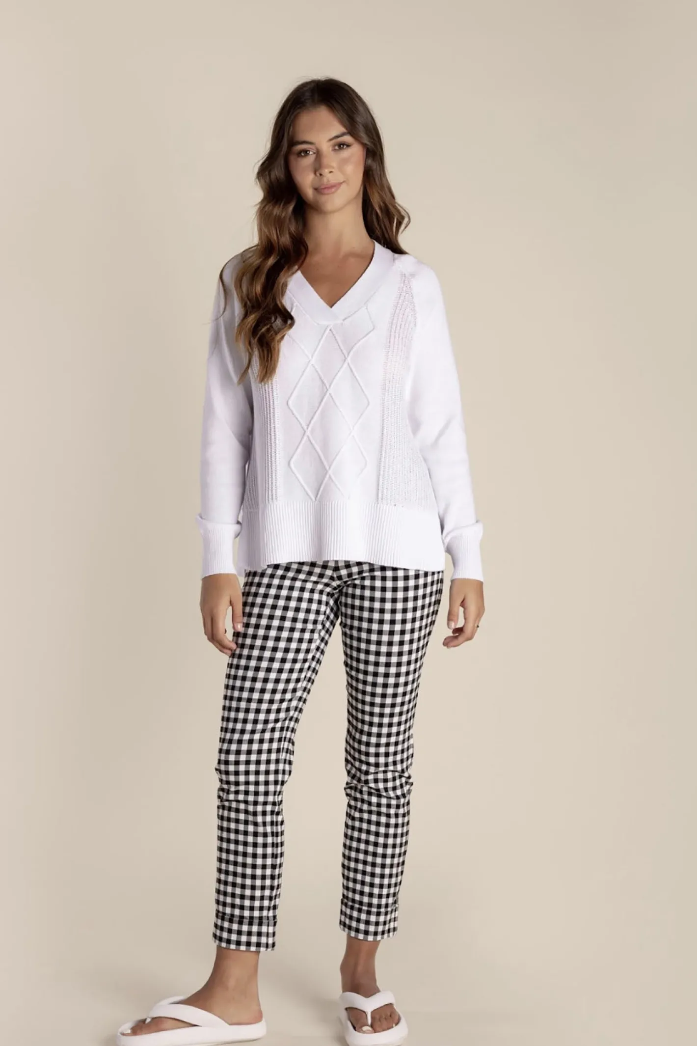 Two-T's Tyra V Neck Cable Sweater - White - TT25 Sale