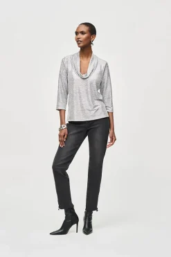 Joseph Ribkoff Uma Foiled Cowl Neck Top - Silver - JR19 Online
