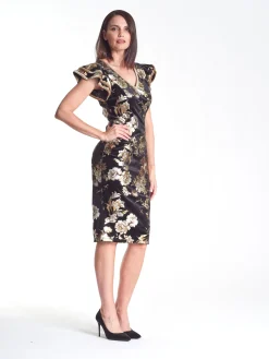 Pink Ruby Velvet Frill Sleeve Dress - Flower Print - PR8 Clearance