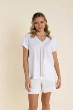 Two-T's Vertical Stripe Sequin Tee - White - TT61 Hot