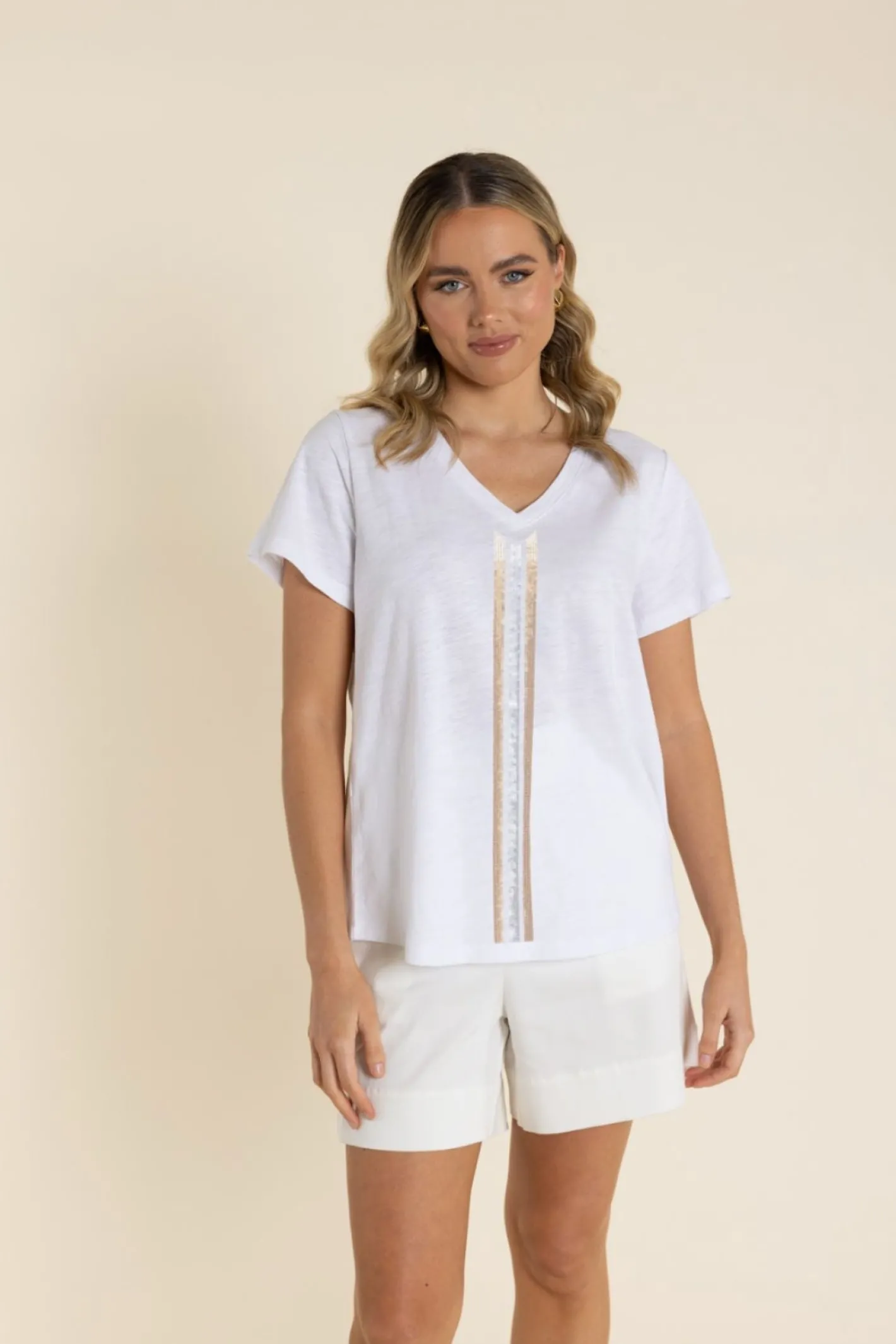 Two-T's Vertical Stripe Sequin Tee - White - TT61 Hot